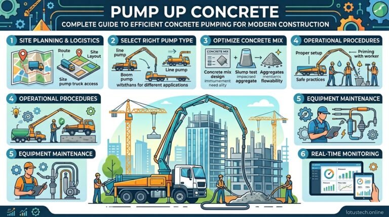 Concrete pump truck lifting and delivering fresh concrete to a construction site efficiently